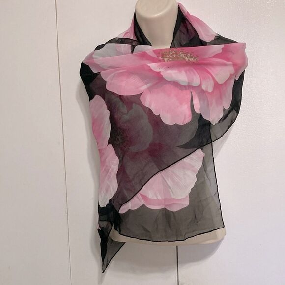 LIANG DIAN Black with Pink Flowers Lightweight Scarf Wrap 60 x 19 inches - Picture 3 of 12